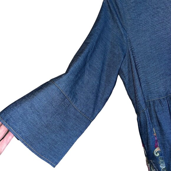 Anthropologie Uncle Frank Blue Denim Embroidered BOHO Split Neck Peasant Top SM - Picture 6 of 13